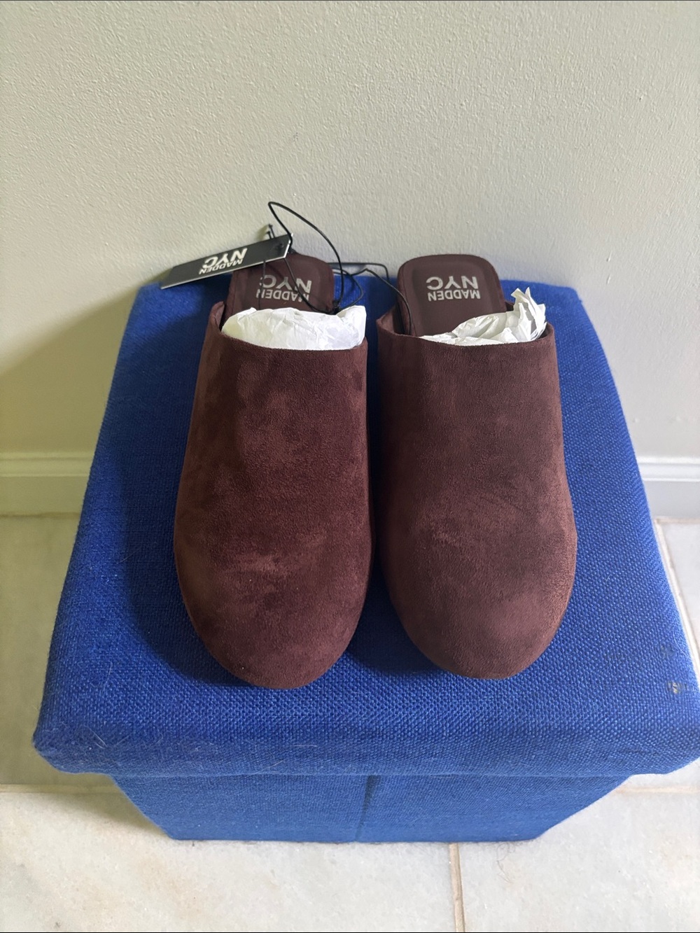 Women's Suede Slip-On Mules in Chocolate.